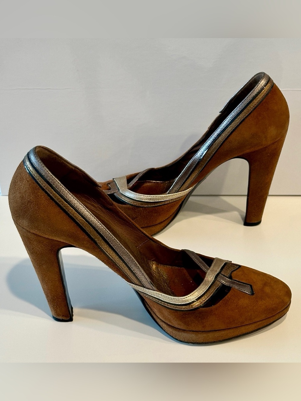 Vintage Prada Brown Suede Pumps — Gold/Bronze Trim (EU 38) - Picture 2 of 5